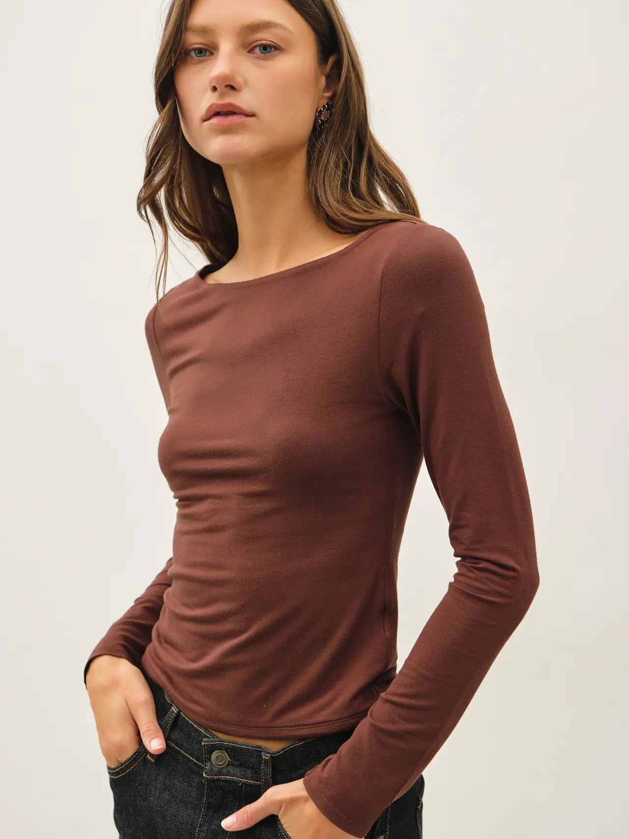 Soft Core Choclate Boat Neck Long Sleeve Top (MORE COLORS)
