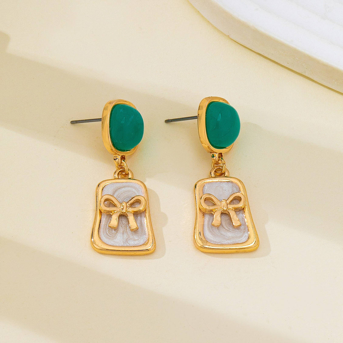 Green Stone and Enamel Bow Drop Earrings
