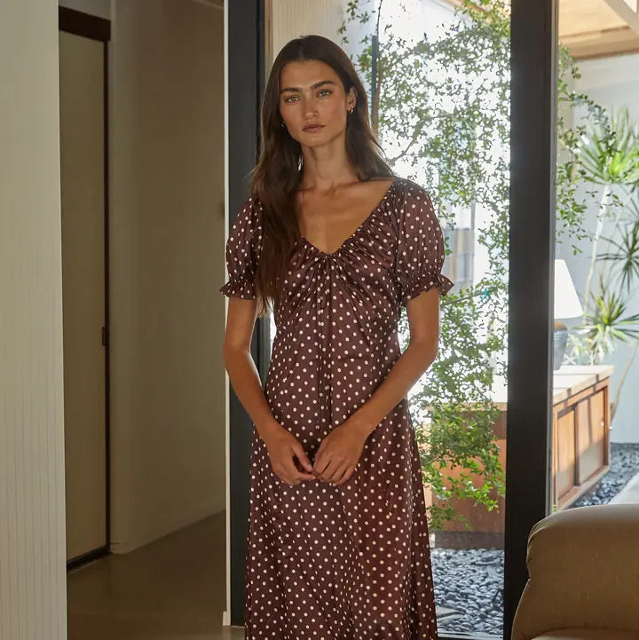 Chocolate Brown And White Polka Dot Long Satin Dress