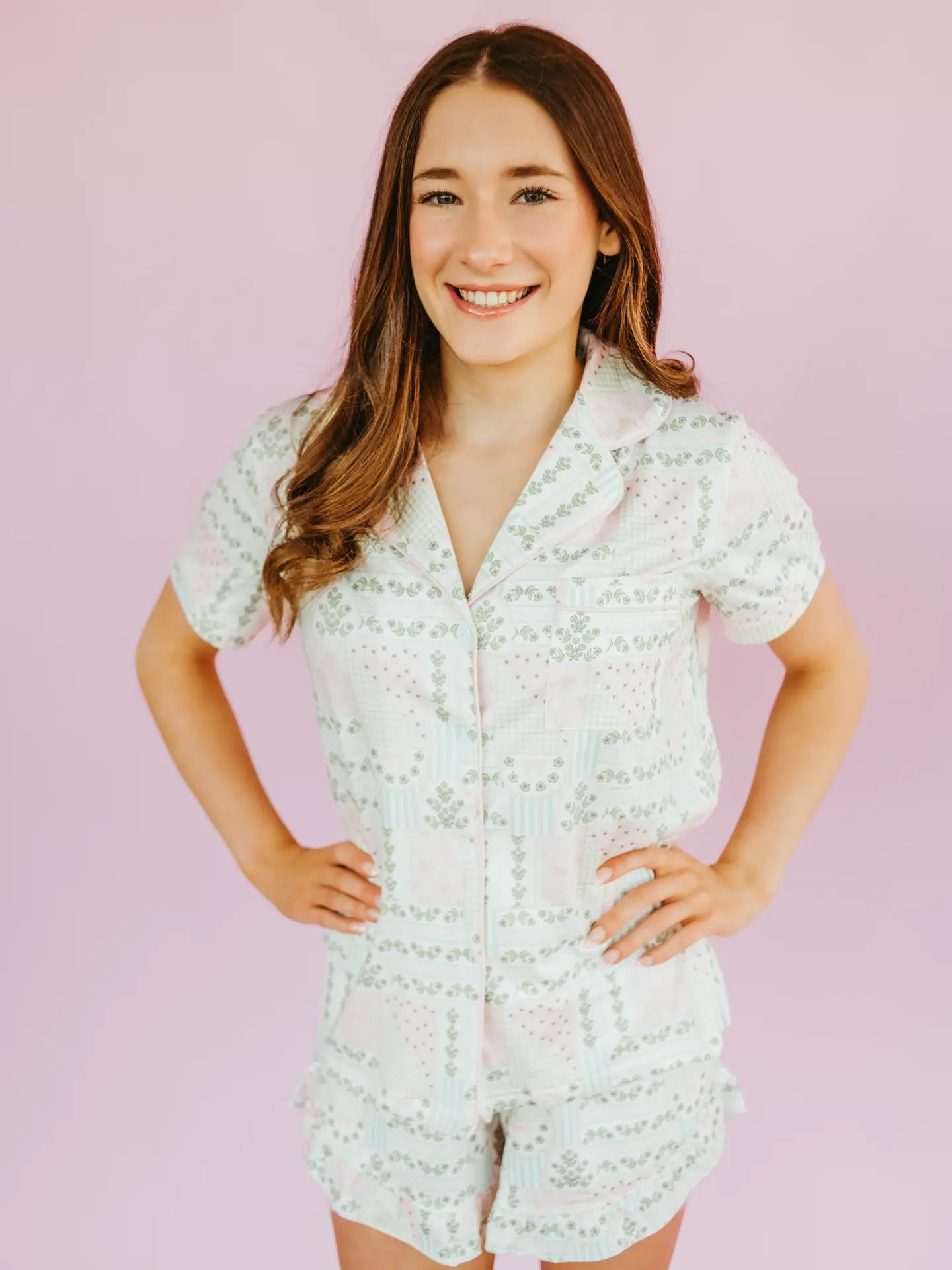 Patchwork Ruffle Hem Shorts Pajama Set