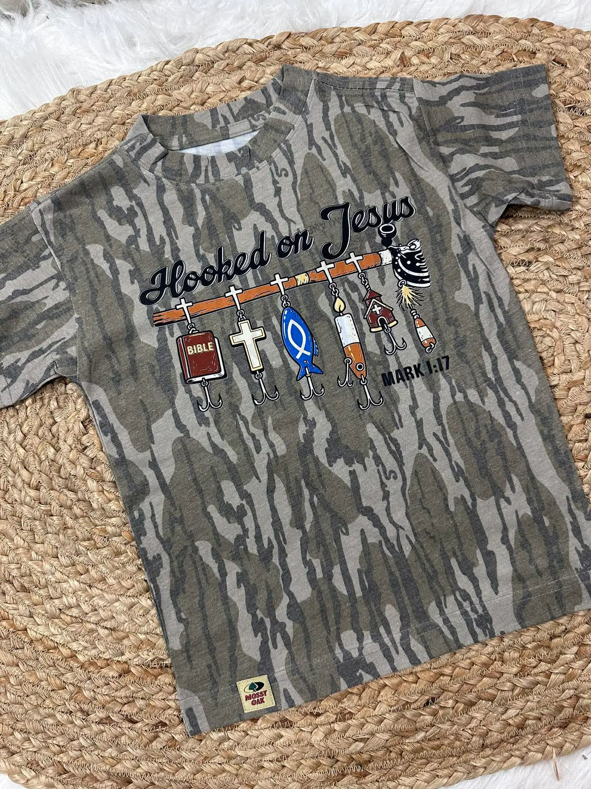 Hooked On Jesus Graphic Mossy Oak Tee