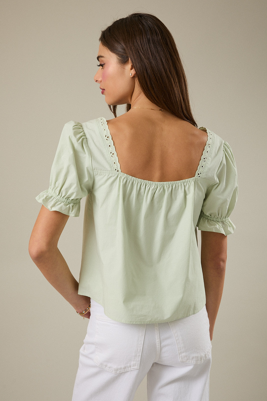 Sage Square Neck Short Sleeve Eyelet Blouse