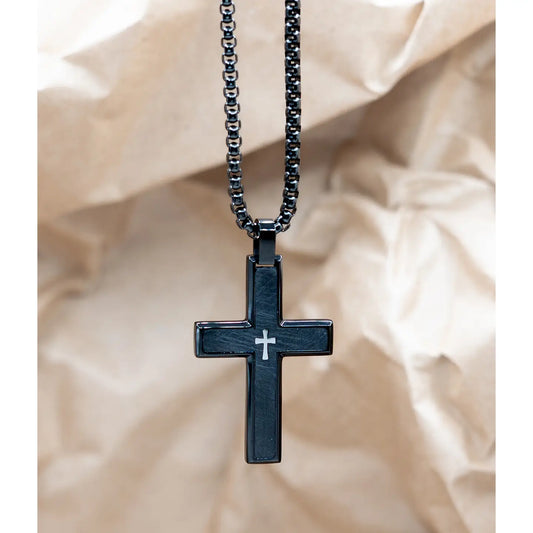 Brushed Black/Silver Cross Necklace