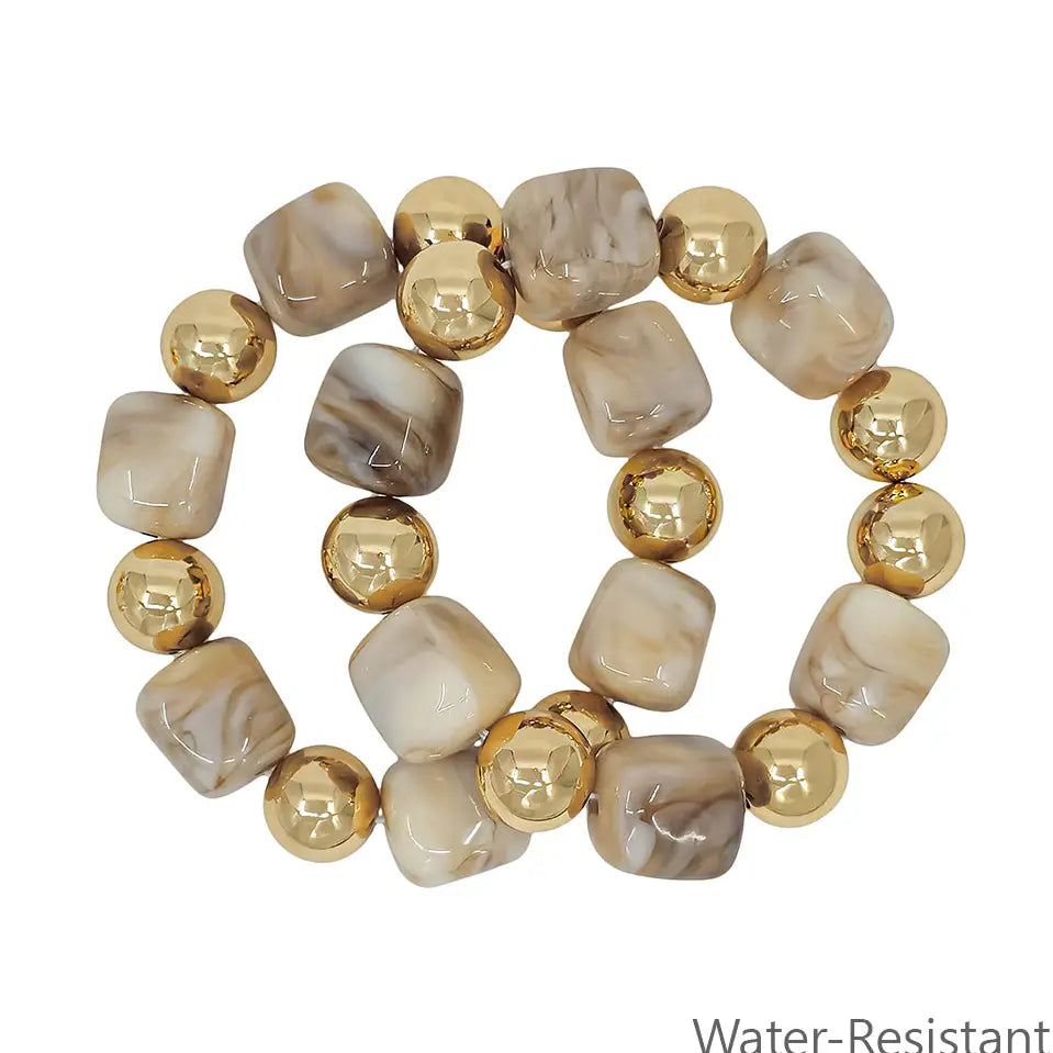 Water Resistant Set of 2 Gold and Natural Stretch Bracelets