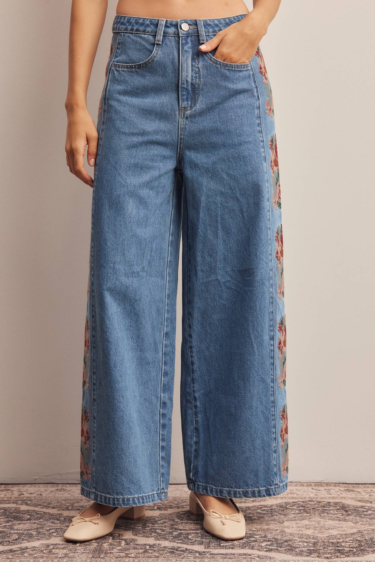 Floral Embroidered Wide Leg Jeans