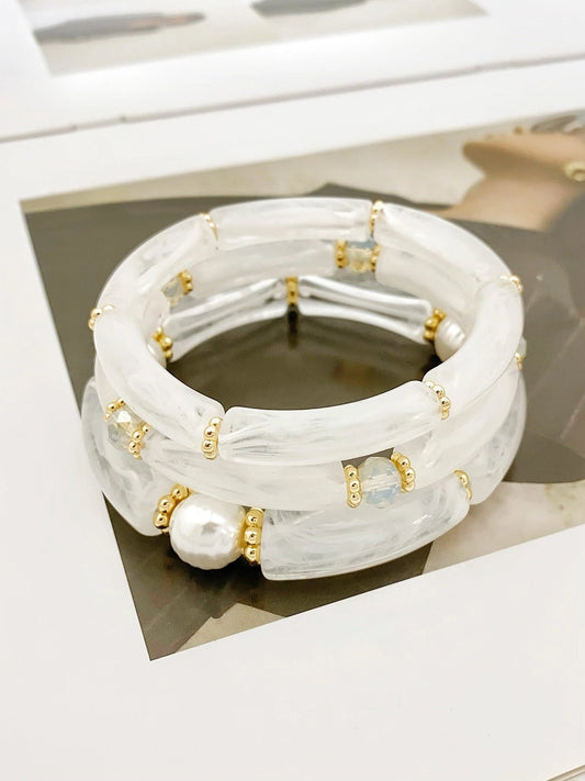 3 Pc Layered Acrylic Bead Bracelets - White