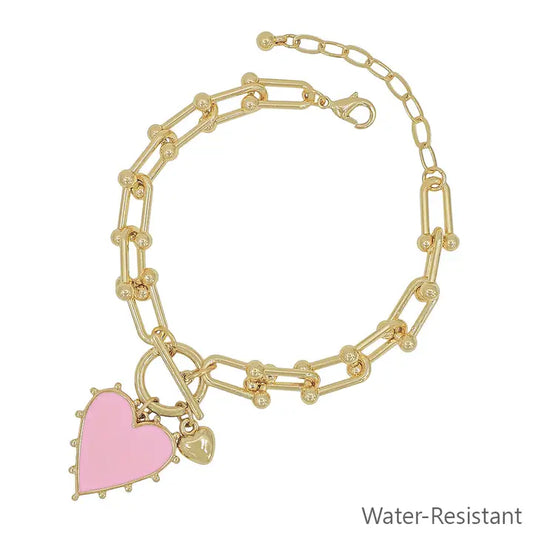 Gold Chain w' Pink Studded Heart Charm Bracelet