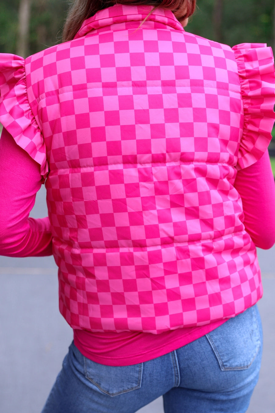 Pink Checkered Puffer Vest