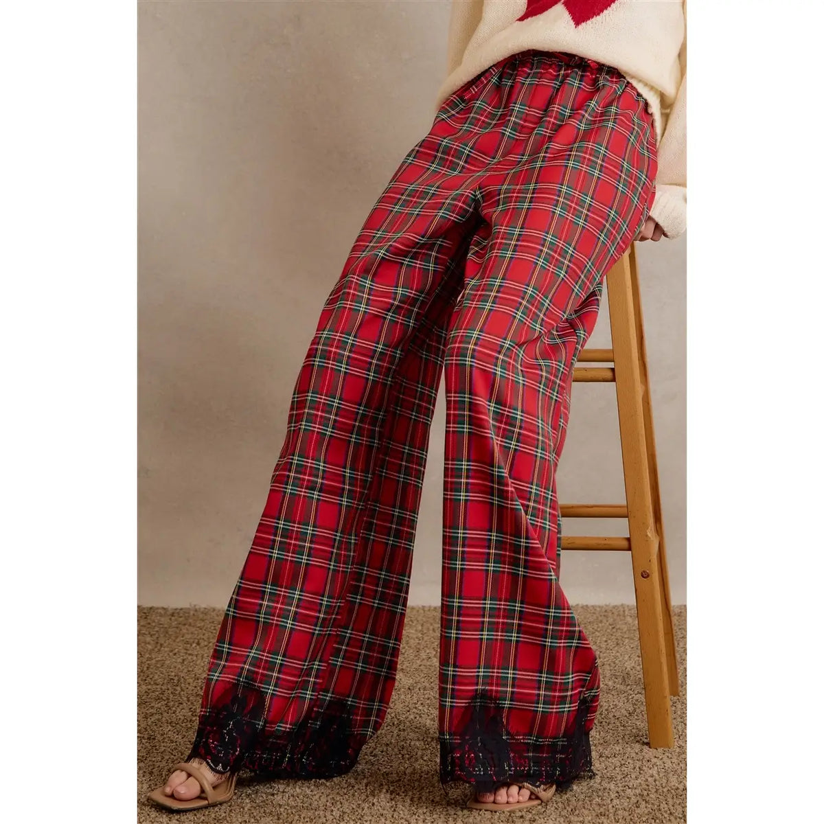 Christmas Plaid Check Lace Trim Wide Leg Elastic Mid Rise Pants