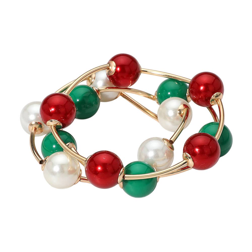 Bold Christmas Theme Ball Metal Bar Beaded Stretch Multi Layered Bracelets
