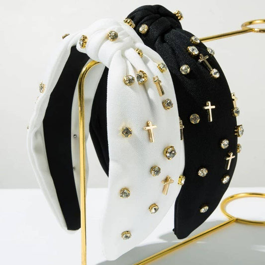 Cross and Crystal Embellished Knot Headband (Black and White Options)
