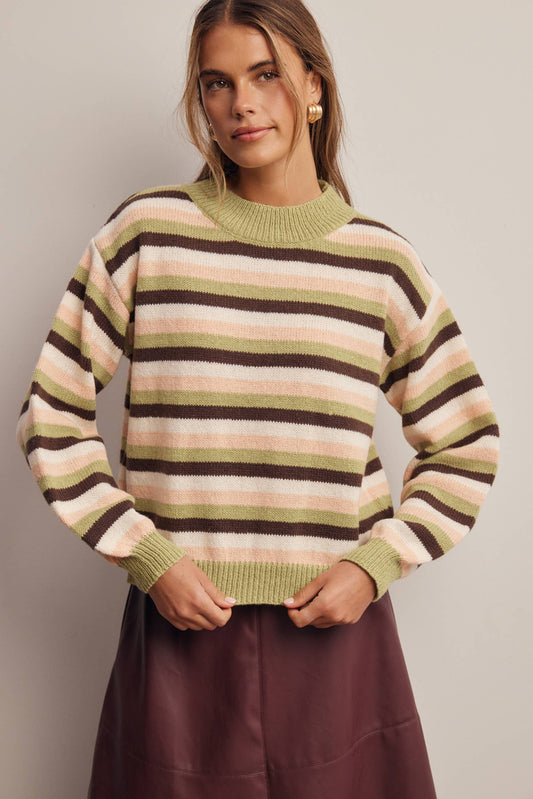 Green, Pink & Brown Stripe Knit Sweater