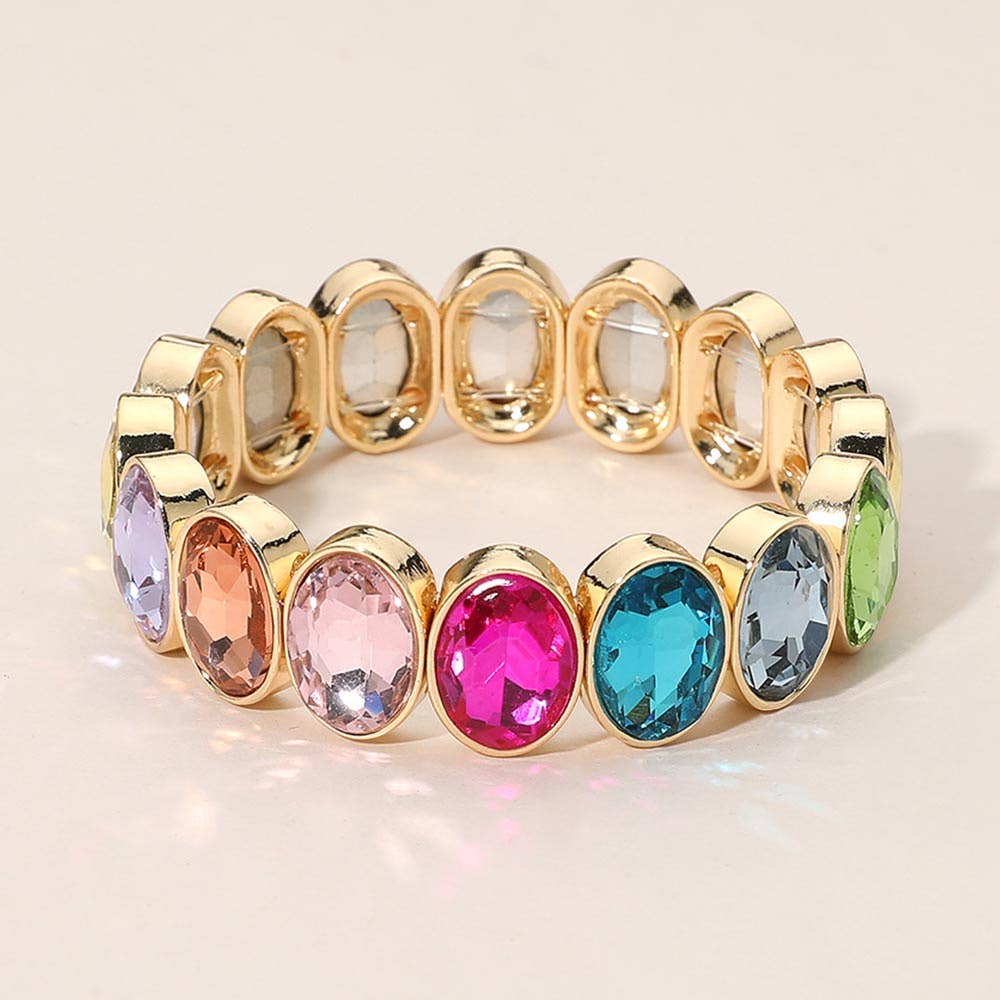 Oval Faceted Stone Beaded Stretch Evening Bracelet (Multiple Colors)
