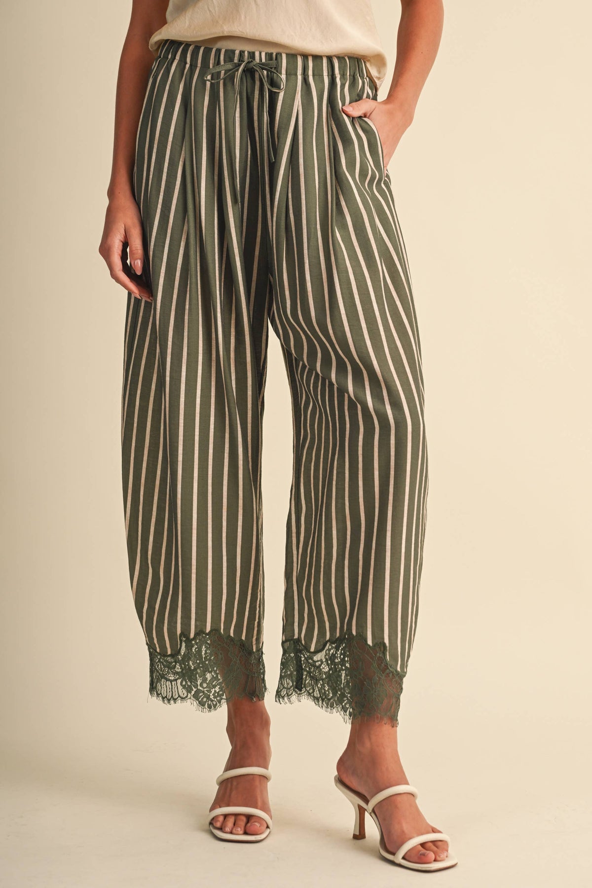 Olive Green Striped Barrel Pants with Lace Detail