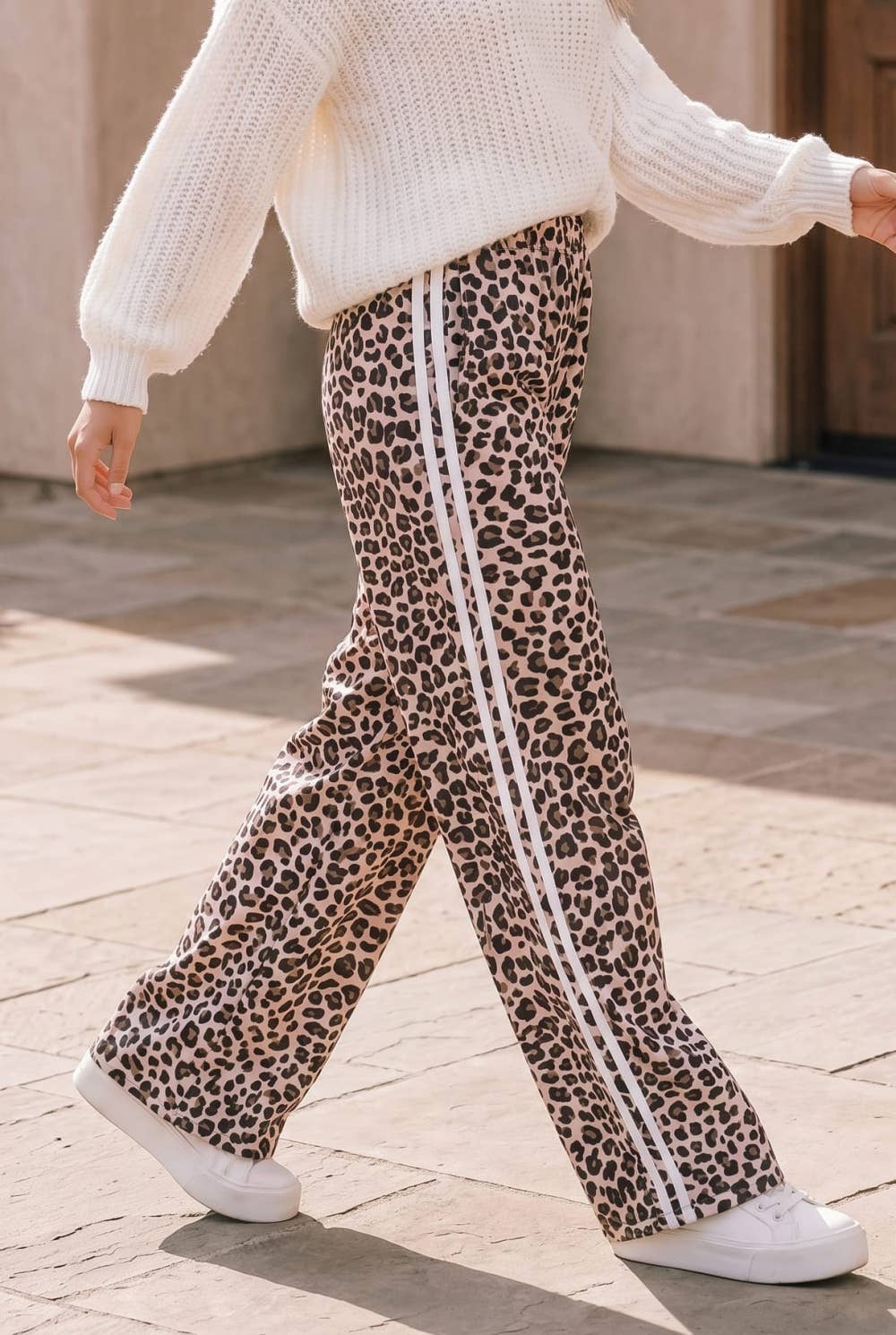 Leopard Wide Leg Pants with Side Stripe