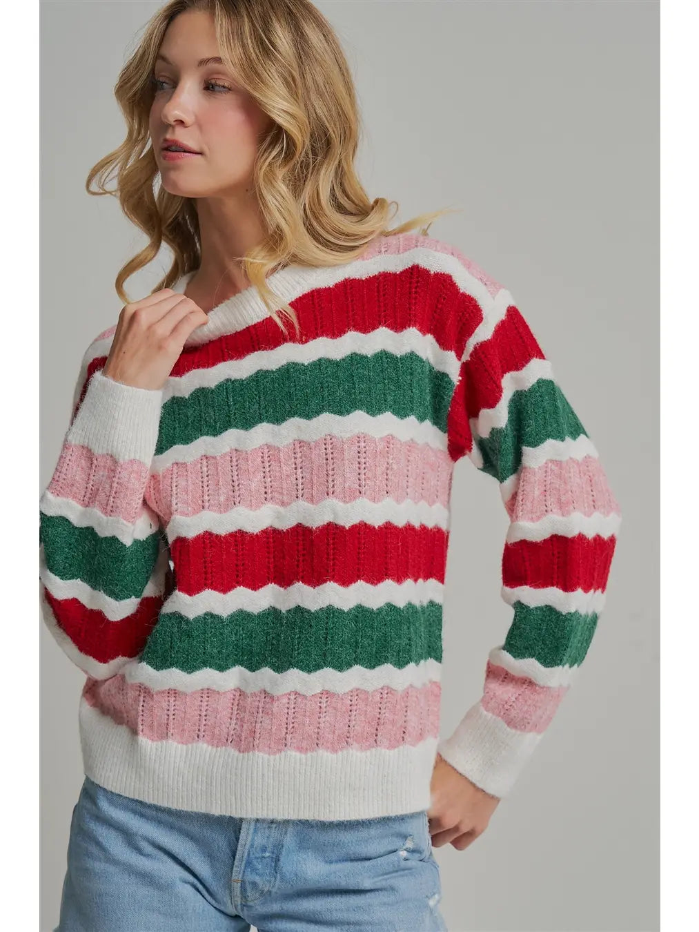 Holiday Christmas Textured Stripe Sweater