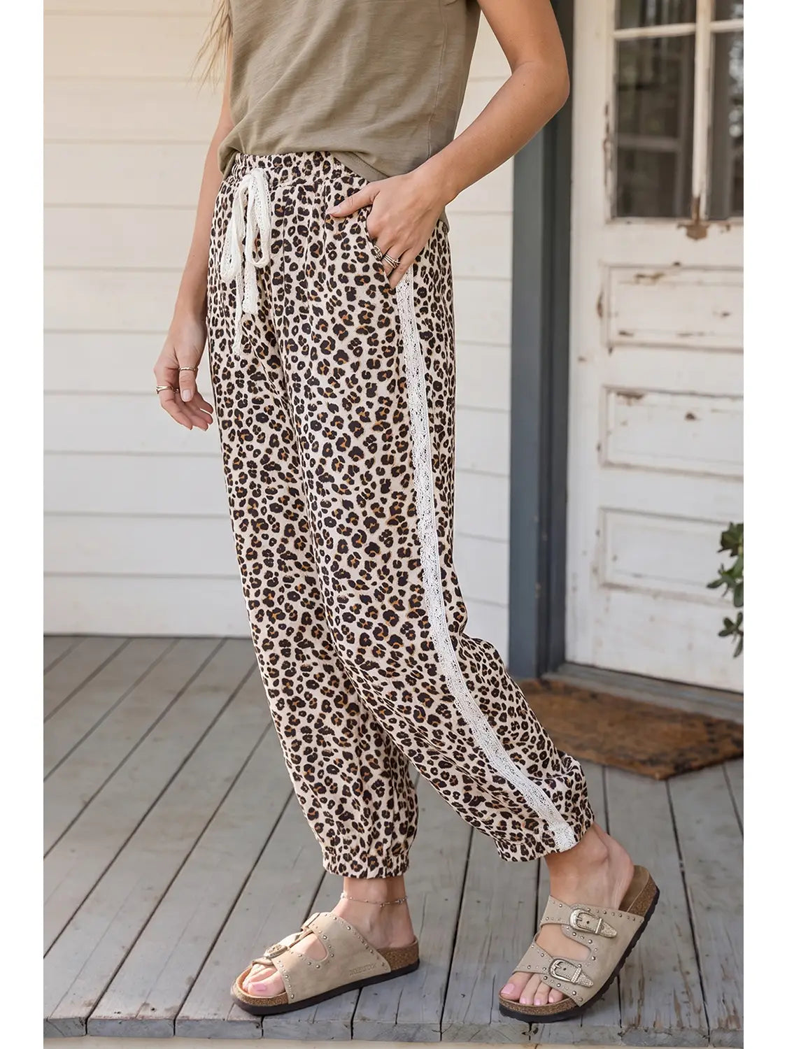 Leopard Drawstring Elastic Waist Pants