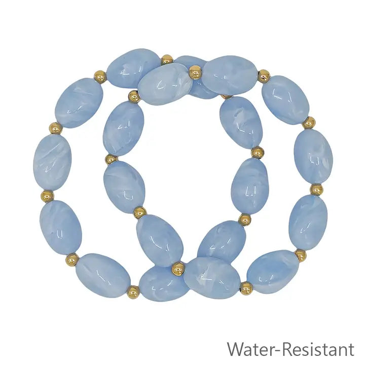 Set of 2 Light Blue Oval & Gold Beaded Stretch Bracelet