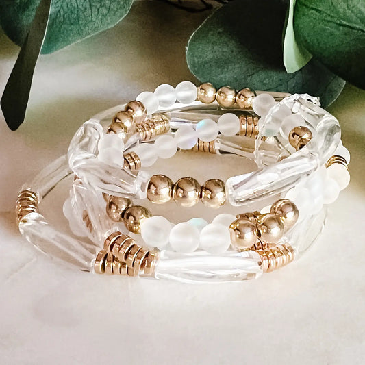 Clear and Gold 5 Stack Stretch Bracelet