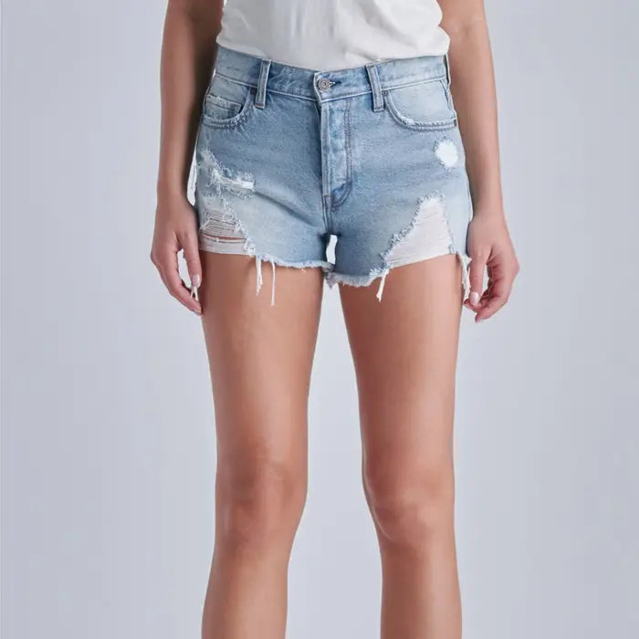 Hidden Light Wash Destroyed Mid Rise Shorts