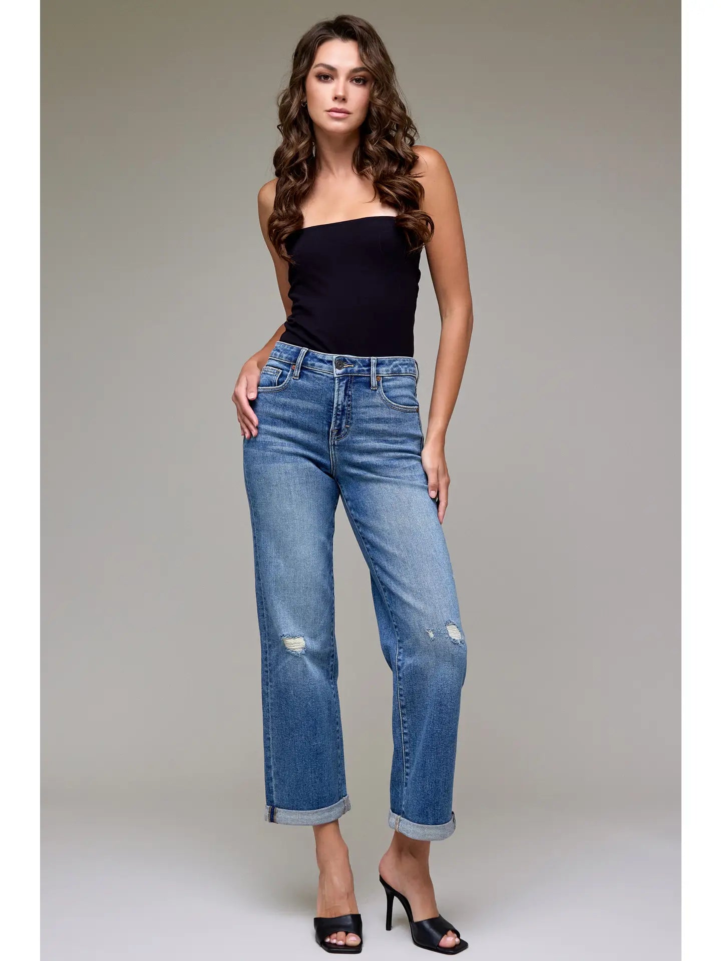 Hidden Dark Wash Double Cuffed High Rise Classic Straight