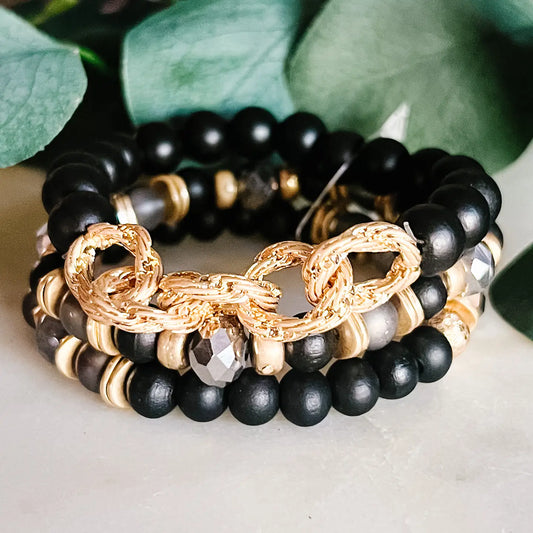 Black 3 Stack Beaded Bracelet with Chain Detail