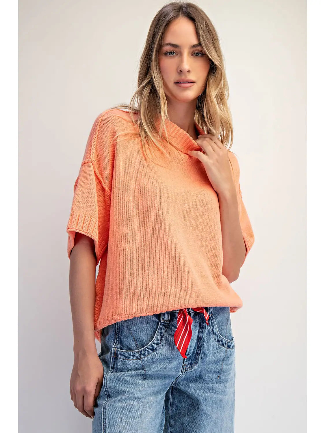 Peachy Cream Oversized Crewneck Short Sleeve Sweater