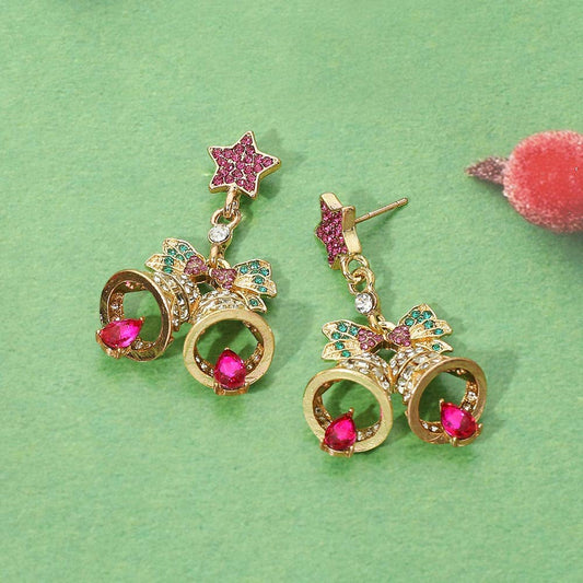 Christmas Bow Double Bell Charm Drop Dangle Earrings