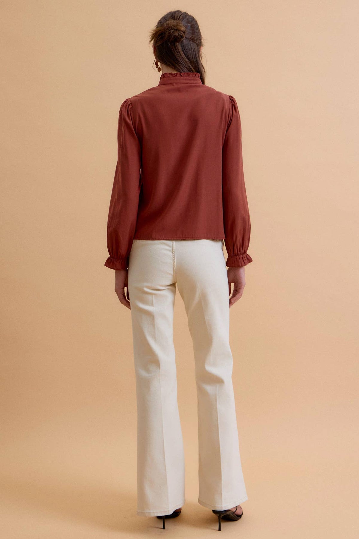 Ruffle Button Down Collar Blouse In Chestnut