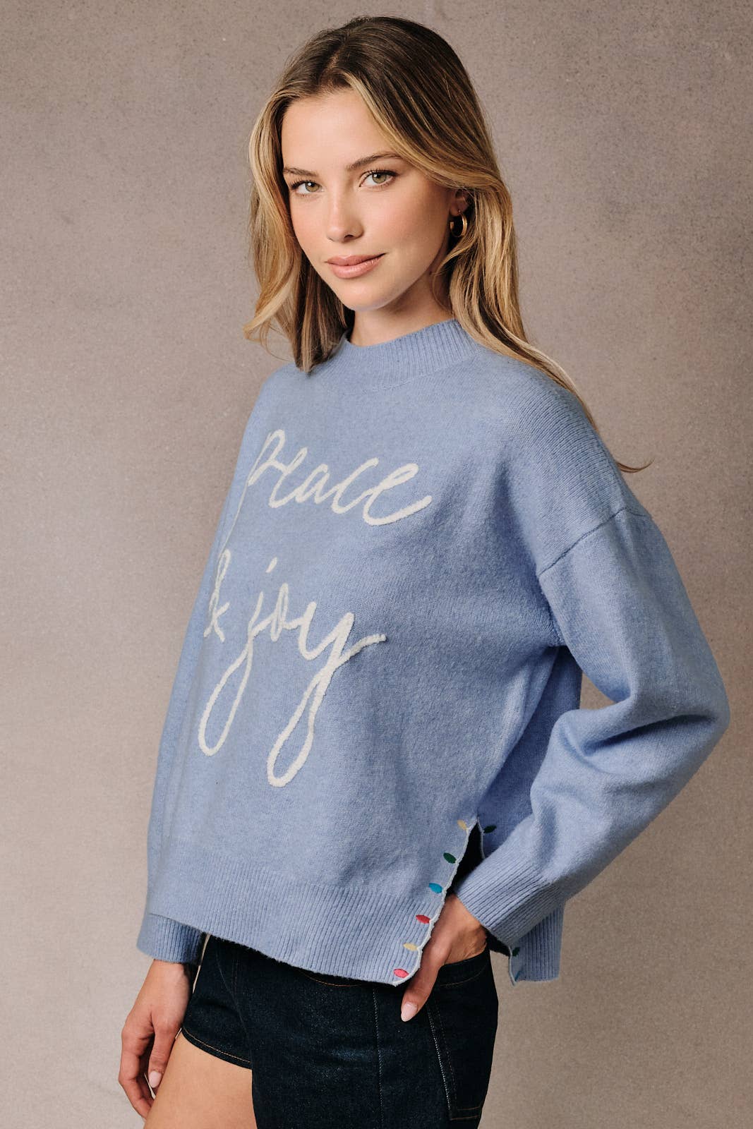Mock Neck Long Sleeve Peace & Joy Novelty Knit Sweater