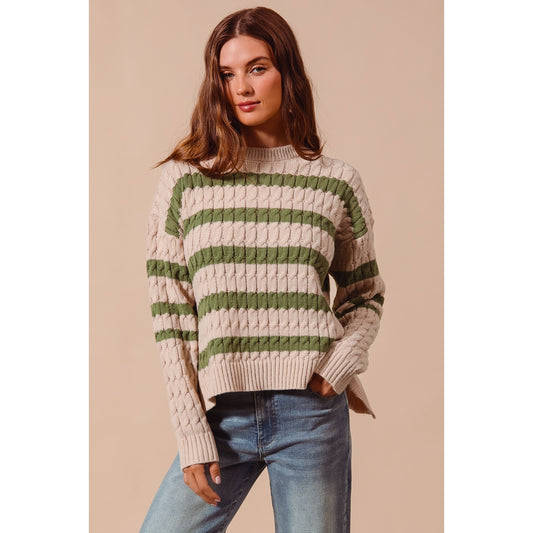 Stripe Cable Knit Sweater Top with Side Slits