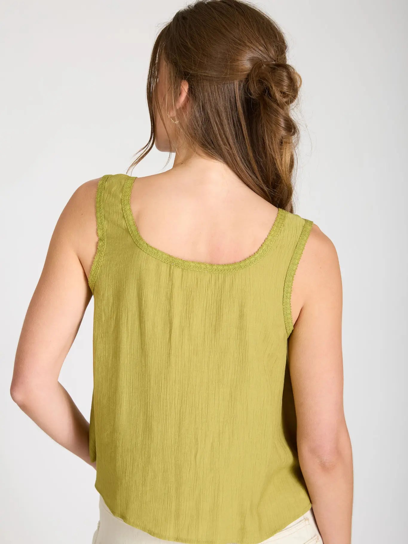 Olive Lace Trim Front Tie Button Down Sleeveless