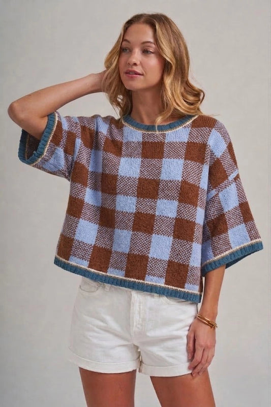 Fall Checkered Gingham Drop Shoulder Sweater TOP