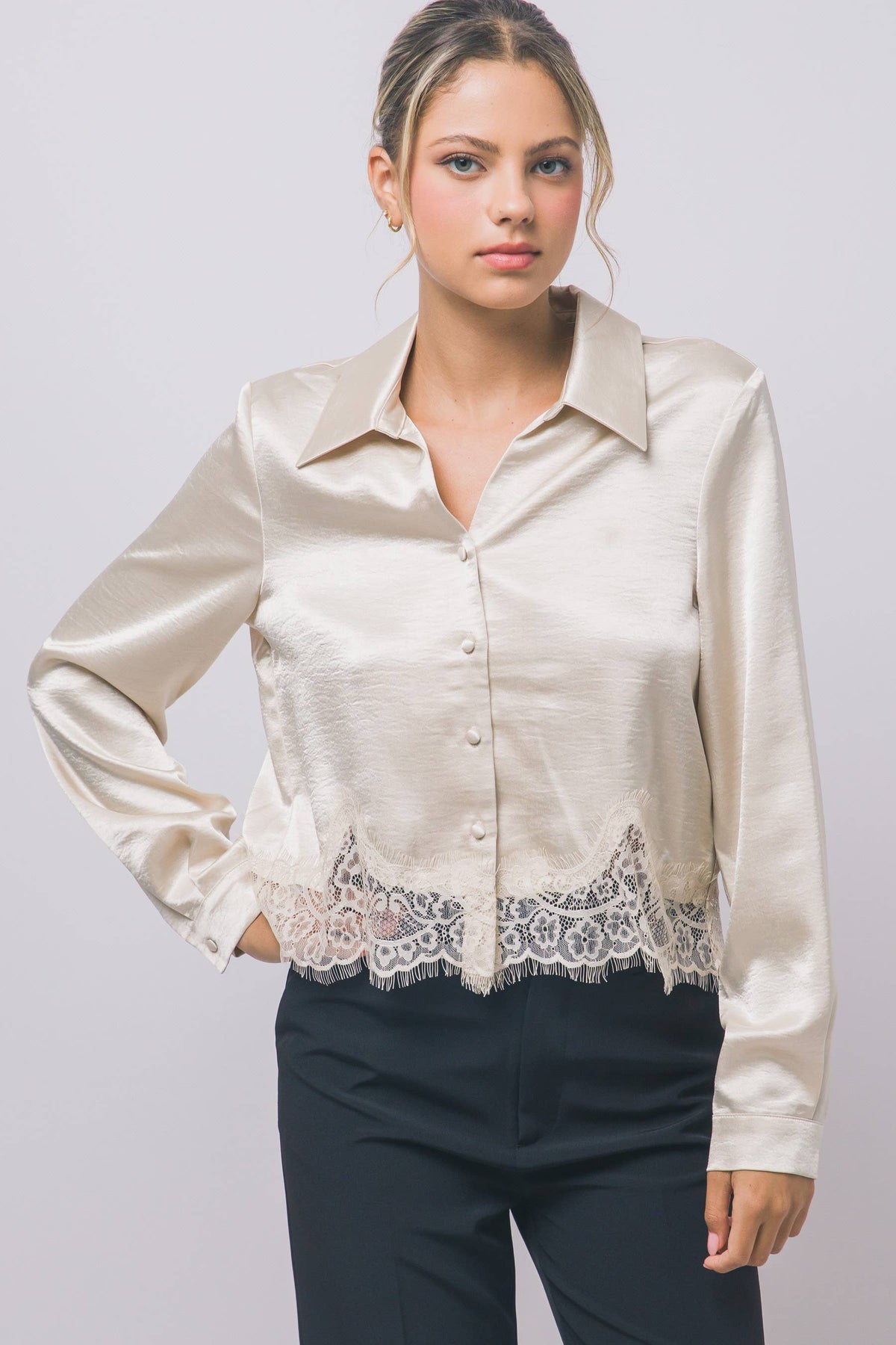 Champagne Satin Lace-Hem Blouse