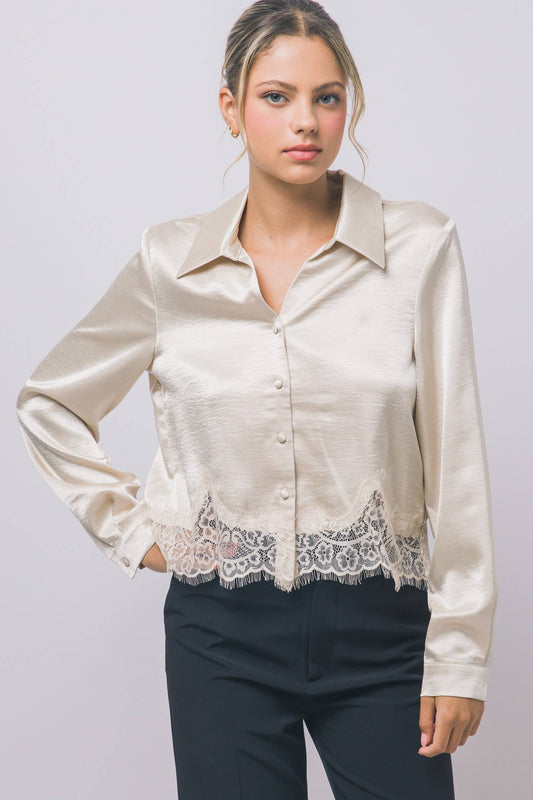 Champagne Satin Lace-Hem Blouse