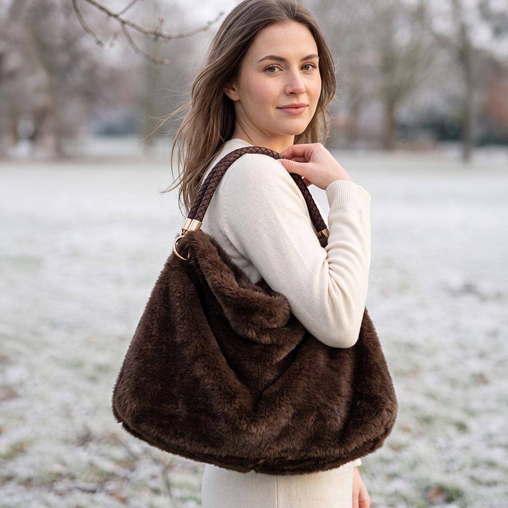 Plush Fur Slouchy Braided Handle Hobo Shoulder Bag | 3 Colors