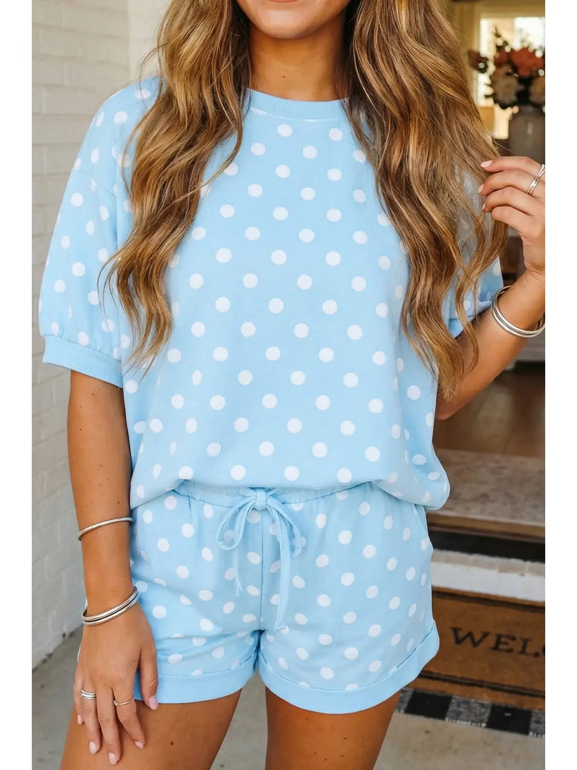 Light Blue Polka Dot Drawstring Shorts Set