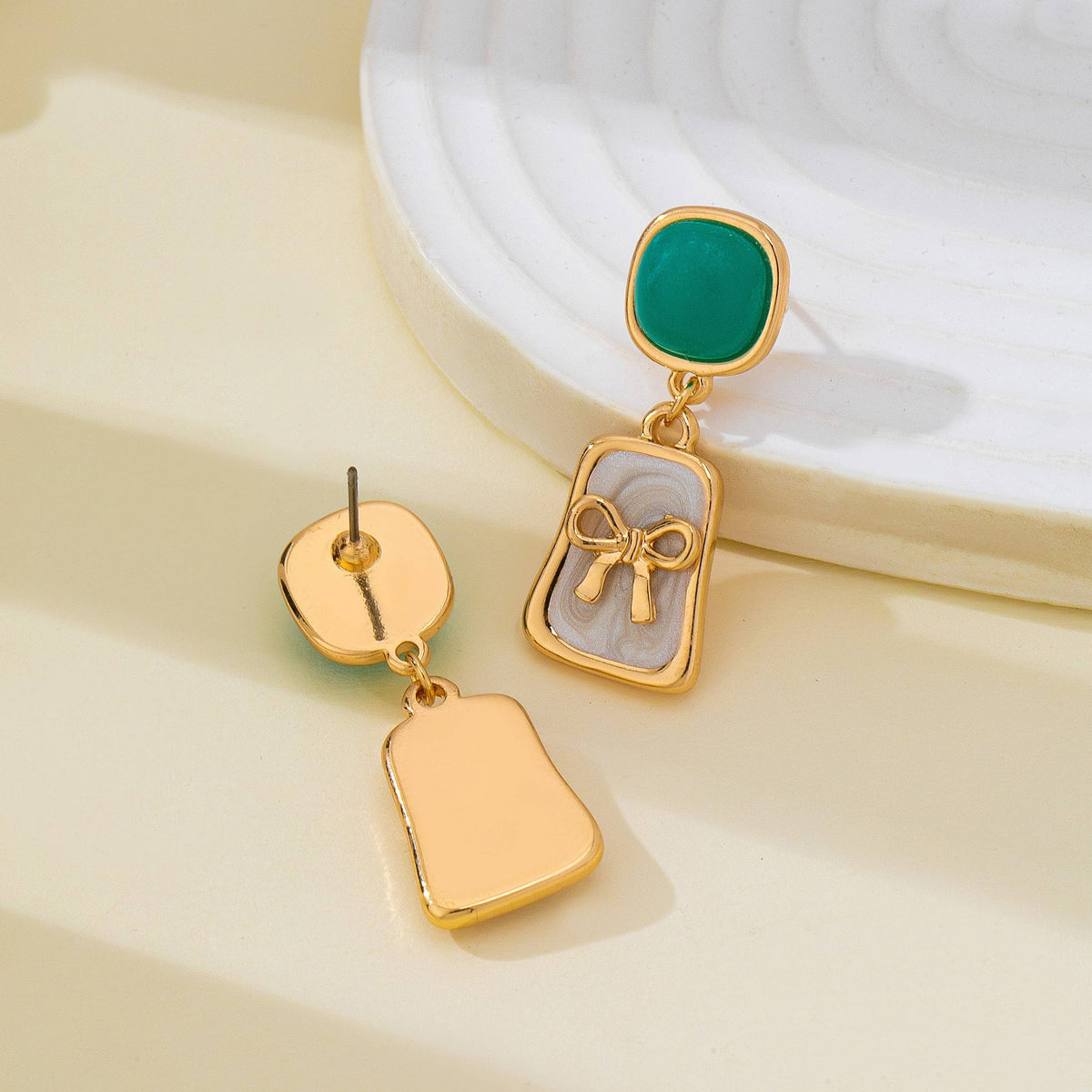 Green Stone and Enamel Bow Drop Earrings