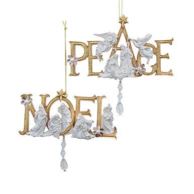 Gold "Noel" & "Peace" Word Holy Family Ornaments 2 Asstd