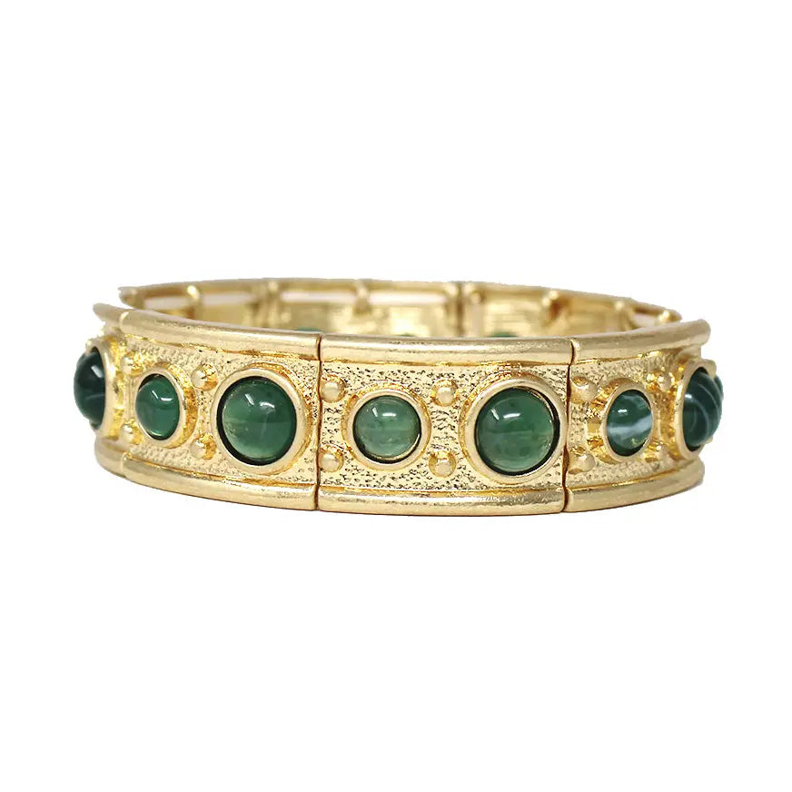 Matte Gold and Green Circle Stone Accents Stretch Bracelets