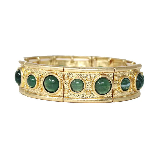 Matte Gold and Green Circle Stone Accents Stretch Bracelets