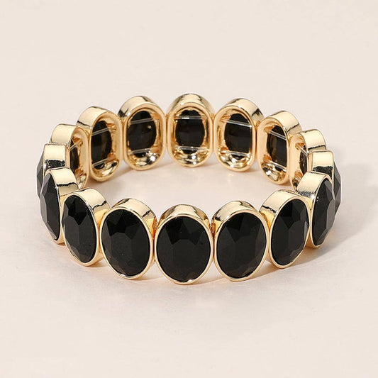Oval Faceted Stone Beaded Stretch Evening Bracelet (Multiple Colors)