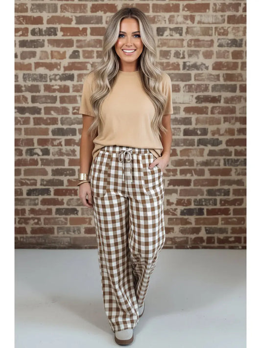 Gingham Plaid Drawstring Elastic Waist Pants