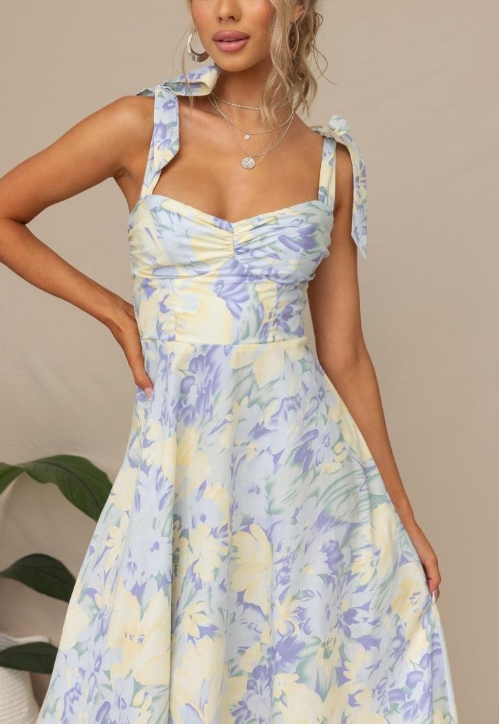 Blue Pastel Floral Sweetheart Midi Dress