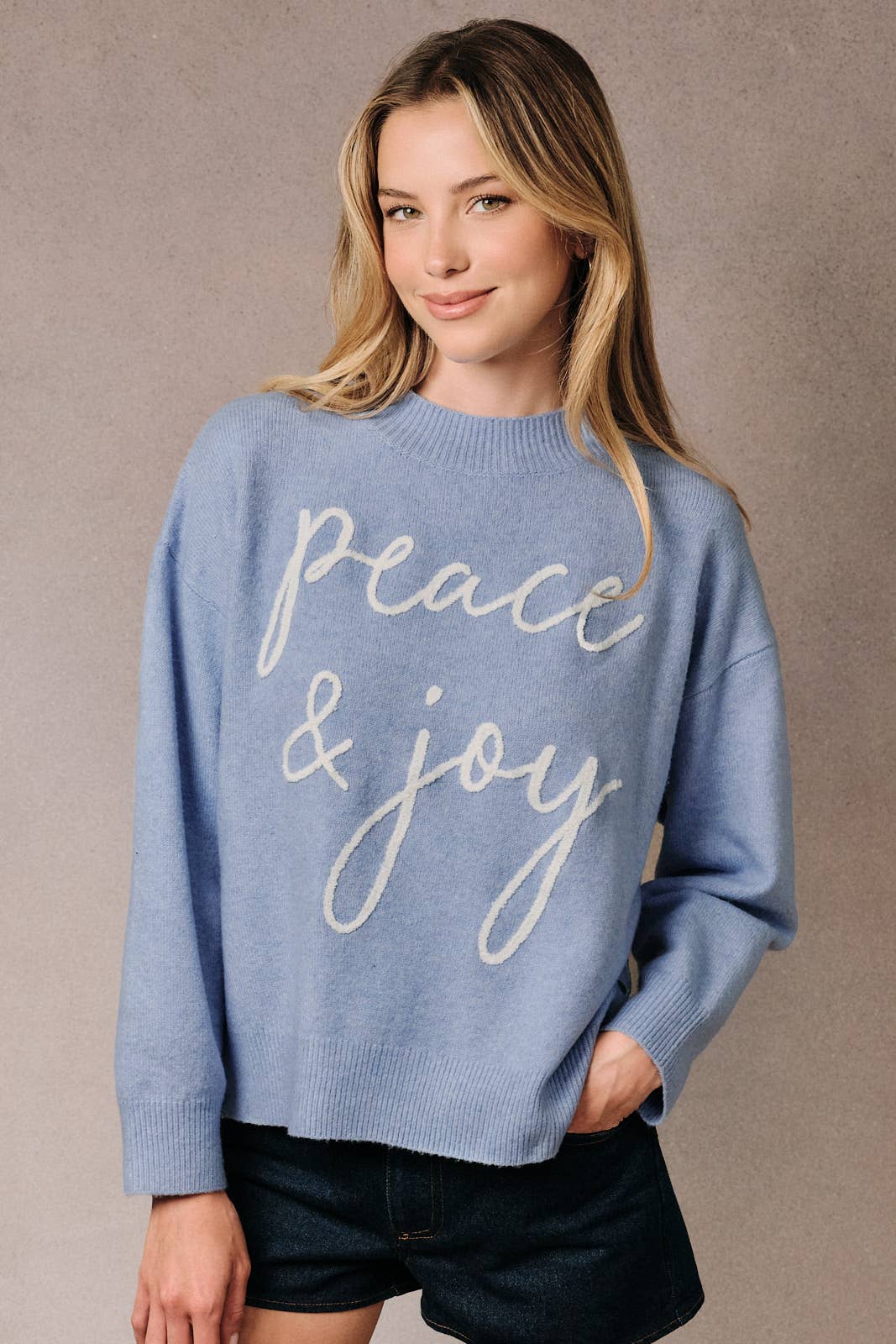 Mock Neck Long Sleeve Peace & Joy Novelty Knit Sweater