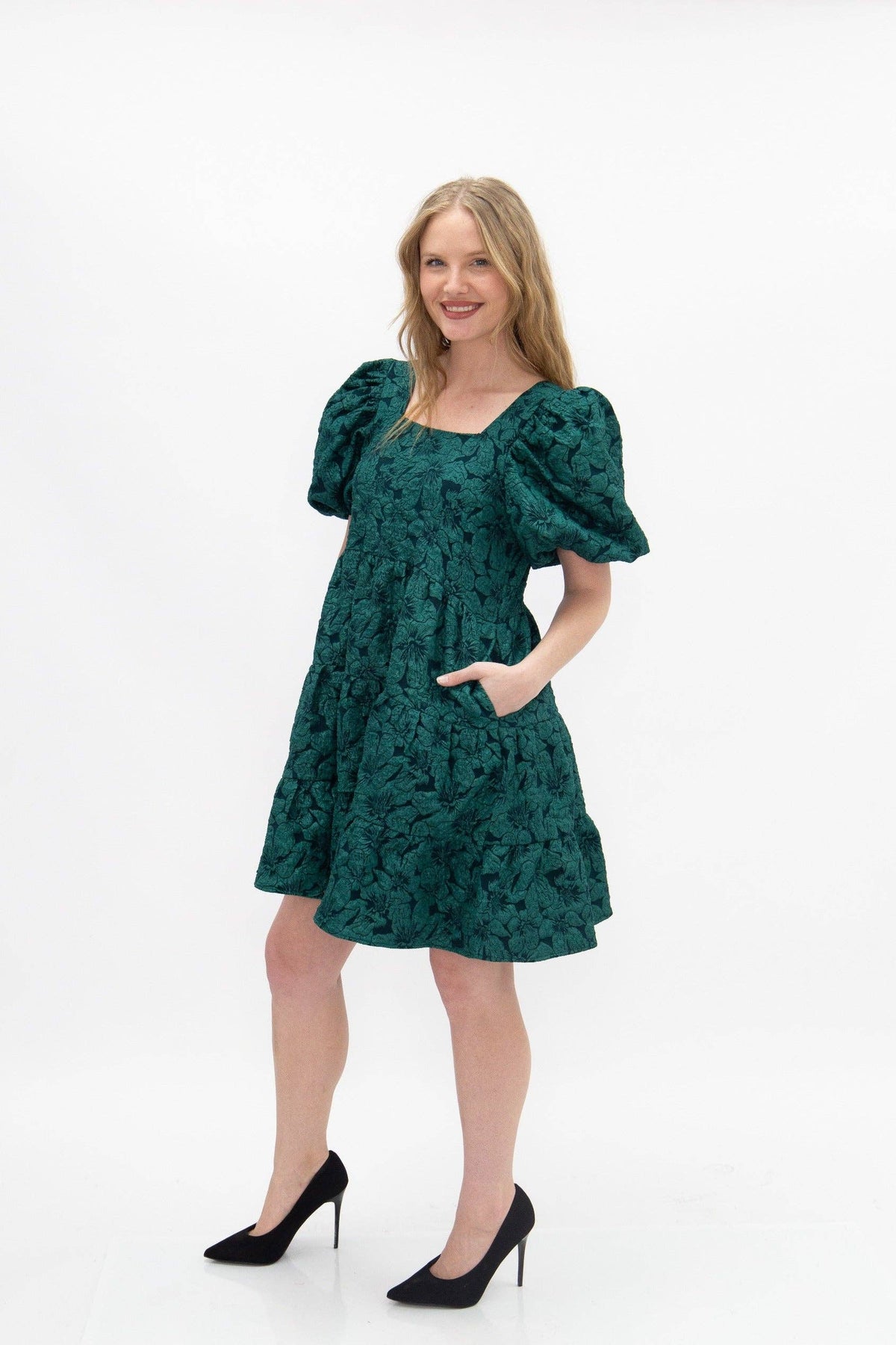 Dolly Doll Jacquard Dres In Forest Green