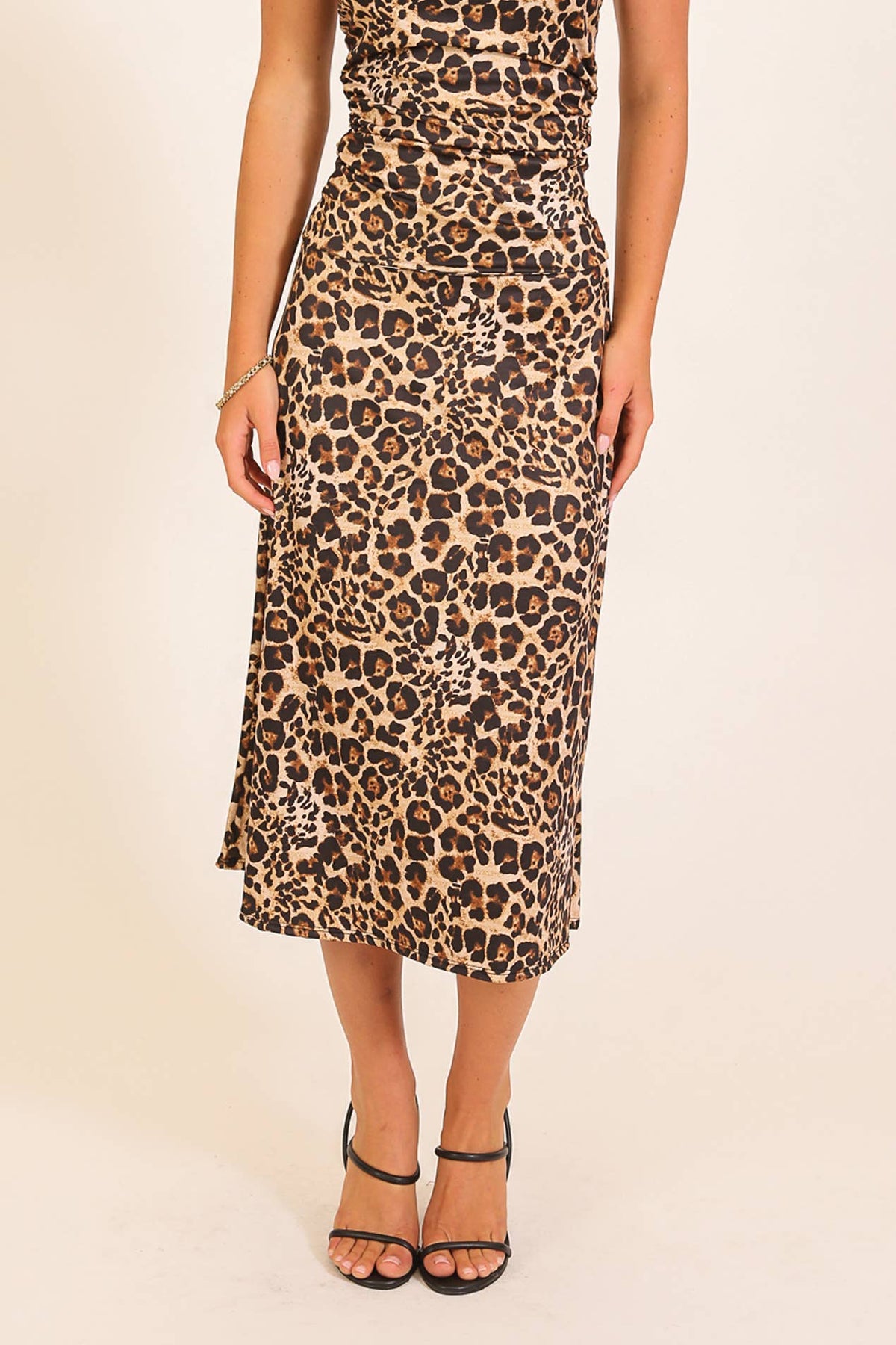 Leopard Print Satin Midi Skirt
