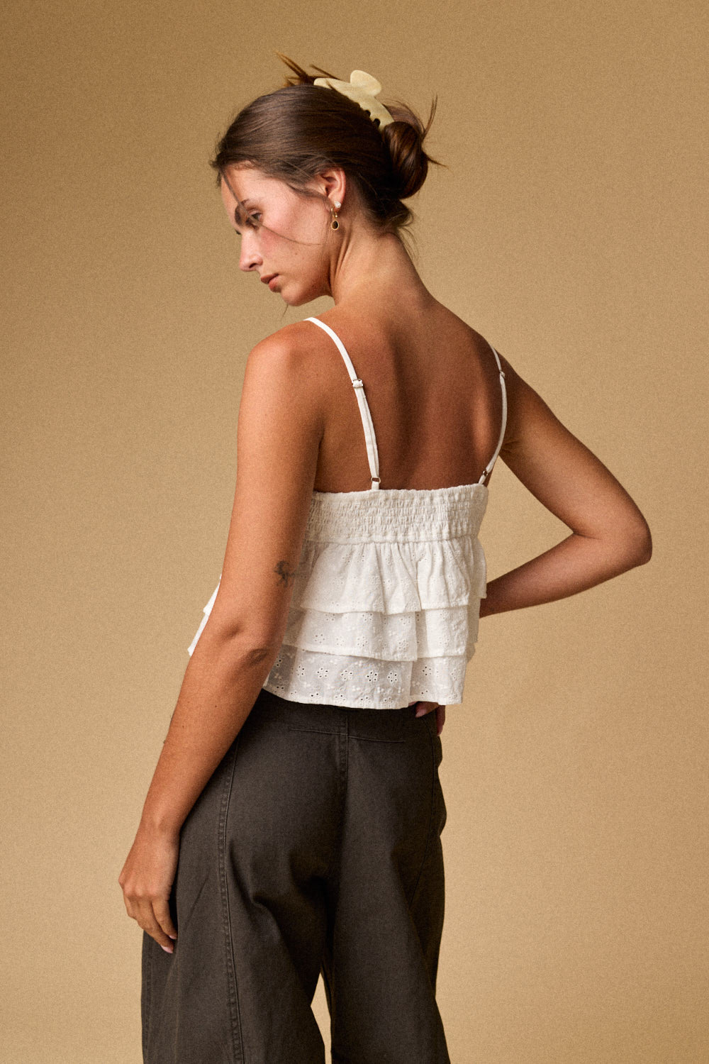 Eyelet Ruffle Tie Front Cami Top