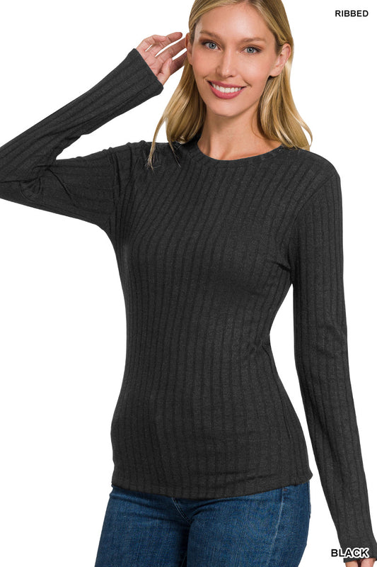 Black Ribbed Long Sleeve Top