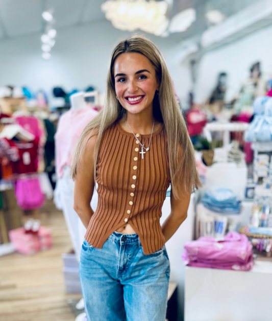 Camel Ribbed Sweater Knit Sleeveless Top